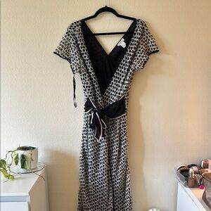 Black and White Flutter Sleeve Wrap Maxi Dress